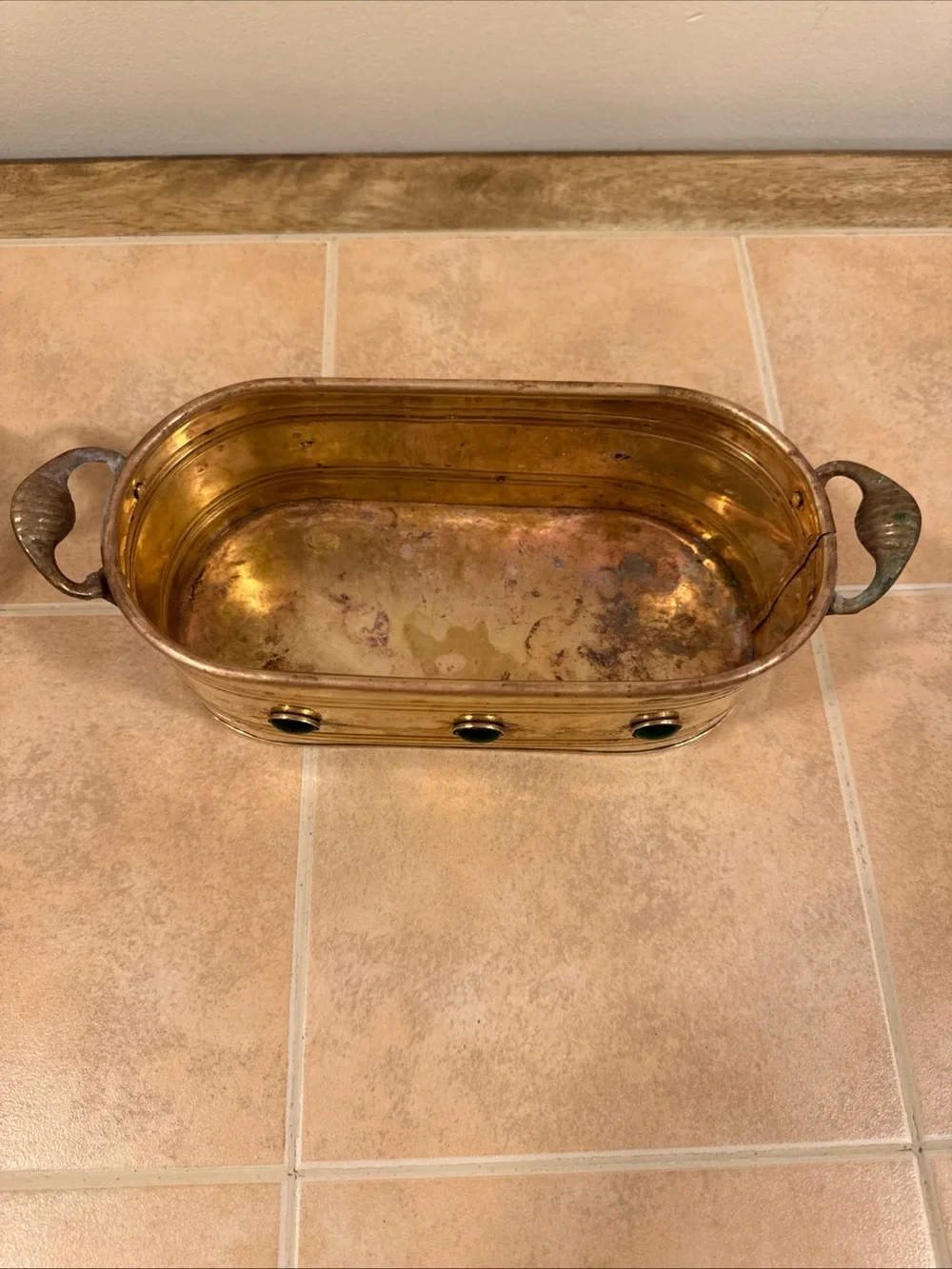 2 Vintage Brass Planters  W/Handles & Jewels Along The Side